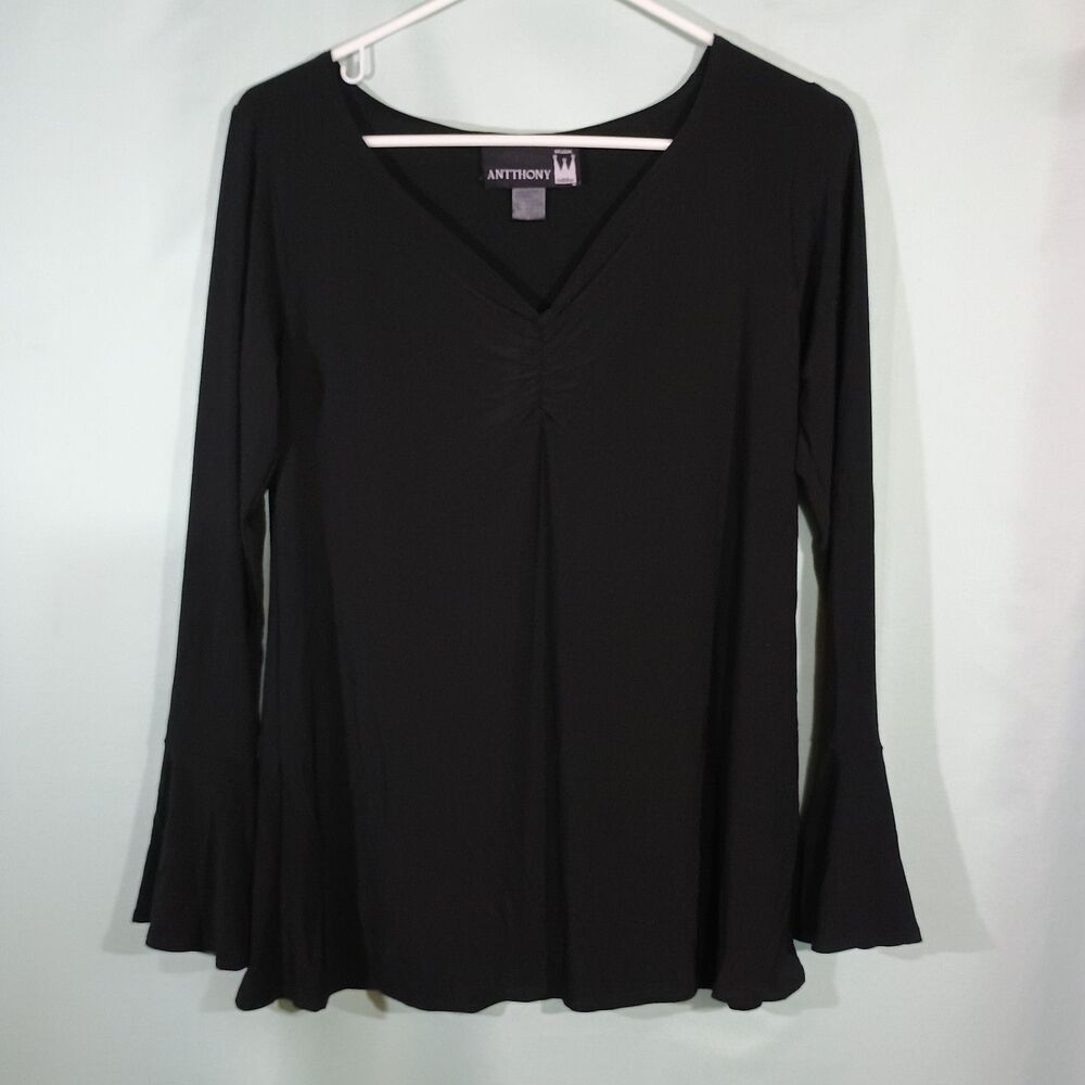 Black V Neck Tunic Top Bell Sleeve Blouse Flowy Stretch Casual Dressy